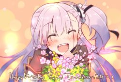 Rule 34 | 1girl, birthday, blush, bouquet, character name, closed eyes, dated, english text, fang, flower, hair between eyes, happy birthday, highres, holding, holding bouquet, long hair, open mouth, pink hair, sasaki mitsuru, side ponytail, simple background, smile, solo, teeth, toji no miko, tsubakuro yume, uniform