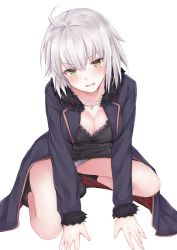 Rule 34 | 1girl, absurdres, ahoge, black dress, blush, breasts, cleavage, coat, coffeedog, commentary request, dress, fate/grand order, fate (series), full body, fur trim, grey hair, highres, jeanne d&#039;arc (fate), jeanne d&#039;arc alter (fate), jeanne d&#039;arc alter (ver. shinjuku 1999) (fate), looking at viewer, official alternate costume, open mouth, panties, short hair, simple background, solo, underwear, white background, yellow eyes