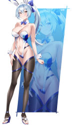 Rule 34 | 1girl, absurdres, animal ears, bare shoulders, blue leotard, blush, bow, bowtie, breasts, brown thighhighs, center opening, cleavage, detached collar, fake animal ears, fate/grand order, fate (series), full body, hair between eyes, hair bow, high heels, highleg, highleg leotard, highres, kurozawa yui, large breasts, leotard, long hair, looking at viewer, multiple views, navel, pantyhose, playboy bunny, ponytail, rabbit ears, red eyes, smile, thighhighs, tomoe gozen (fate), white hair, white leotard, wrist cuffs