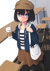 Rule 34 | 1girl, bag, black hair, blue eyes, blue hoodie, brown skirt, cabbie hat, cellphone, chair, child, commentary request, commission, cup, disposable coffee cup, disposable cup, hair ornament, handbag, hat, highres, holding, holding cup, hood, hoodie, huxiao (mistlakefront), medium hair, medium skirt, original, pantyhose, phone, shirt, signature, skeb commission, skirt, smartphone, smile, solo, steam, striped clothes, striped shirt, table, x hair ornament