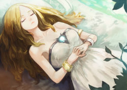 Rule 34 | 1girl, absurdres, armlet, bed, blonde hair, bracelet, breasts, dress, closed eyes, hands on stomach, highres, interlocked fingers, jewelry, long hair, lying, okuto, on back, original, own hands clasped, own hands together, pillow, sleeping, sleeveless, sleeveless dress, solo, white dress
