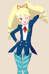 Rule 34 | 1girl, absurdres, ayanue, big hair, blonde hair, blue pantyhose, brown eyes, dress, drill hair, highres, long hair, looking at viewer, luna platz (mega man), mega man (series), mega man star force, one eye closed, open mouth, pantyhose, simple background, smile, solo, striped, twin drills, twintails