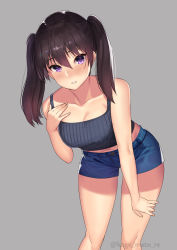 Rule 34 | 1girl, bare shoulders, black hair, blue shorts, blush, breasts, camisole, collarbone, commentary request, grey background, grey camisole, hair between eyes, highres, hip focus, kagematsuri, leaning forward, long hair, looking at viewer, medium breasts, original, parted lips, purple eyes, short shorts, shorts, simple background, smile, solo, thighs, twintails