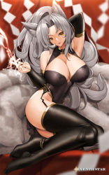 Rule 34 | 1girl, animal ears, arm behind head, black leotard, black sleeves, blurry, blurry background, breasts, copyright name, detached sleeves, electricity, fake animal ears, fake tail, garter belt, grey hair, highres, iris (seventh star), large breasts, leotard, long hair, multiple tails, seventh star, tail, thighhighs, tongue, tongue out, tony guisado, yellow eyes