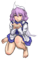 Rule 34 | 1girl, after fellatio, barefoot, blush, cum, cum in mouth, cum on hands, cupping hands, face, feet, highres, kneeling, kuro suto sukii, legs, letty whiterock, long hair, own hands together, purple eyes, purple hair, solo, tears, touhou
