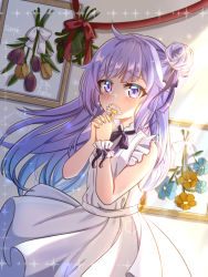 Rule 34 | 1girl, ahoge, alternate costume, azur lane, blunt bangs, commentary request, crying, crying with eyes open, dress, fang huu (funfox), flower, hair bun, holding, holding flower, interlocked fingers, long hair, looking at viewer, one side up, own hands together, purple eyes, purple hair, side bun, sidelocks, single hair bun, single side bun, sleeveless, sleeveless dress, solo, sunlight, tears, unicorn (azur lane), white dress, wind