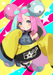 Rule 34 | 1girl, bare shoulders, black shorts, blue hair, blush, bow-shaped hair, breasts, character hair ornament, creatures (company), game freak, grey eyes, grin, hair ornament, highres, iono (pokemon), jacket, light blue hair, long hair, long sleeves, looking at viewer, low twintails, multicolored hair, nintendo, pink hair, pokemon, pokemon sv, sharp teeth, shimon (31426784), shorts, sleeves past fingers, sleeves past wrists, small breasts, smile, solo, split-color hair, teeth, twintails, yellow jacket