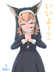 Rule 34 | 1girl, animal ears, black hair, blue eyes, caracal (kemono friends), cat ears, cat girl, extra ears, highres, kemono friends, kemono friends v project, long hair, looking at viewer, microphone, multicolored hair, nokemono-san (bocchi friend), nun, orange hair, simple background, solo, traditional nun, translation request, two-tone hair, virtual youtuber