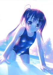 Rule 34 | 1girl, absurdres, backlighting, black eyes, black hair, blush, collarbone, dutch angle, highres, long hair, looking at viewer, one-piece swimsuit, original, outdoors, pool, poolside, scan, school swimsuit, shiny clothes, smile, solo, swimsuit, takoyaki (roast), tree, twintails, wet, wet clothes