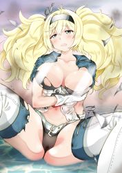 Rule 34 | 1girl, blonde hair, blue eyes, blue shirt, breast pocket, collared shirt, commentary, crying, crying with eyes open, gambier bay (kancolle), gloves, hair between eyes, hairband, kantai collection, multicolored clothes, multicolored gloves, open clothes, pocket, shirt, short sleeves, sitting, solo, tearing up, tears, thighhighs, torn clothes, twintails, yamasaki wataru