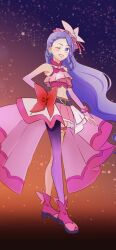 Rule 34 | 1girl, aono miki, asymmetrical clothes, asymmetrical legwear, bare shoulders, blush, boots, bow, braid, commentary, cosplay, crossover, cure berry, cure butterfly, cure butterfly (cosplay), earrings, eyelashes, fpminnie1, fresh precure!, gradient background, hair ornament, happy, highres, hirogaru sky! precure, in-franchise crossover, jewelry, long hair, looking at viewer, magical girl, midriff, navel, one eye closed, pantyhose, pink footwear, pink shirt, pink skirt, precure, purple eyes, purple hair, shirt, single braid, single leg pantyhose, sketch, skirt, smile, solo, standing, symbol-only commentary, trait connection