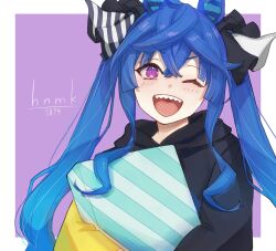 Rule 34 | 1girl, ;d, @ @, animal ears, artist name, blue hair, border, bow, box, casual, crossed bangs, gift, gift box, hair between eyes, hair bow, highres, hnmk5874, holding, holding gift, hood, hoodie, horse ears, horse girl, long hair, long sleeves, looking at viewer, multicolored clothes, multicolored hoodie, official alternate costume, one eye closed, open mouth, outside border, purple background, purple eyes, sharp teeth, sidelocks, smile, solo, striped, striped bow, teeth, twin turbo (umamusume), twintails, umamusume, upper body, upper teeth only, v-shaped eyebrows, white border