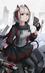 Rule 34 | 1girl, absurdres, ahoge, arknights, black gloves, black jacket, black pantyhose, black scarf, black skirt, breasts, commentary, cowboy shot, demon tail, english commentary, fingerless gloves, gloves, grey shirt, grey sky, gun, highres, holding, horns, jacket, junshiki, looking at viewer, medium breasts, miniskirt, multicolored hair, nail polish, open clothes, open jacket, orange eyes, outdoors, pantyhose, parted lips, pleated skirt, red hair, red nails, rubble, ruins, scarf, shirt, short hair, silver hair, sitting, skirt, sky, solo, streaked hair, tail, two-tone hair, utility pole, w (arknights), walkie-talkie, weapon