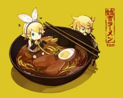 Rule 34 | 1boy, 1girl, blonde hair, blue eyes, bowl, brother and sister, chopsticks, eating, egg, food, food focus, glider (artist), guraida, hair ornament, hairclip, headphones, in bowl, in container, in food, kagamine len, kagamine rin, meat, mini person, miniboy, minigirl, noodles, nori (seaweed), ramen, short hair, siblings, translated, twins, vocaloid