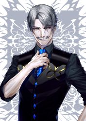 Rule 34 | 1boy, black shirt, black vest, blue necktie, facial hair, fate/grand order, fate (series), grey hair, hand up, highres, james moriarty (archer) (fate), james moriarty (gray collar) (fate), looking at viewer, male focus, mustache, necktie, shirt, simple background, solo, standing, suzuki rui, upper body, vest