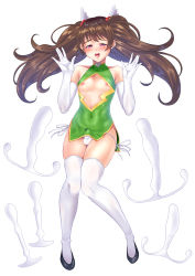 Rule 34 | 1boy, androgynous, aneros, artist request, bare shoulders, blush, brown hair, bulge, butt plug, chinese clothes, covered navel, dress, elbow gloves, embarrassed, erection, erection under clothes, full body, fur, gloves, green dress, highres, long hair, long twintails, looking at viewer, nipples, panties, pink eyes, sex toy, shiny skin, shoes, short dress, side-tie panties, simple background, smile, solo, sweat, taimanin (series), taimanin asagi, taimanin rpgx, thong, trap, turtleneck, twintails, uehara shikanosuke, underwear, very long hair, white background, white gloves, white legwear, white panties