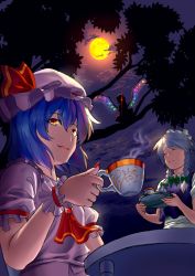 Rule 34 | 2girls, 3girls, ascot, blew andwhite, blue hair, bow, braid, cloud, cup, closed eyes, fang, female focus, flandre scarlet, full moon, glowing, glowing eye, glowing eyes, hair bow, hat, hat ribbon, izayoi sakuya, kettle, maid, maid headdress, moon, multiple girls, open mouth, puffy sleeves, red eyes, remilia scarlet, ribbon, short hair, short sleeves, silver hair, sky, smile, table, tahoo, teacup, teapot, touhou, tray, tree, twin braids, wings, wrist cuffs, yellow eyes