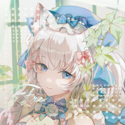 1girl animal_ear_fluff animal_ears animal_print artist_name bare_shoulders beads blue_bow blue_bowtie blue_eyes blue_hat blue_tank_top bow bowtie cat_ears cat_print chinese_commentary closed_mouth commentary_request commission day eyelashes floral_print fre_(haochilanzuo) frilled_headwear grey_hair hair_beads hair_bow hair_ornament hat indoors lace-trimmed_headwear lace_trim leaf light_blush long_hair looking_at_viewer loose_hair_strand multiple_hair_bows original parted_lips plant red_bow rose_print sample_watermark smile solo spaghetti_strap tank_top twintails upper_body very_long_hair vines watermark watermark_grid window