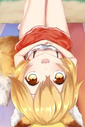Rule 34 | 1girl, :3, :d, animal ear fluff, animal ears, blonde hair, blush, breasts, brown eyes, camisole, commentary request, fox ears, fox girl, fox tail, hair between eyes, highres, knees up, looking at viewer, lying, nenosame, on back, open mouth, pleated skirt, red skirt, ribbon trim, senko (sewayaki kitsune no senko-san), sewayaki kitsune no senko-san, skirt, small breasts, smile, solo, tail, white camisole