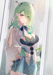 Rule 34 | 1girl, absurdres, antlers, blue dress, blush, braid, braided bangs, breasts, ceres fauna, ceres fauna (1st costume), cleavage, closed mouth, dress, earrings, flower, green hair, green nails, hair flower, hair ornament, highres, hololive, hololive english, horns, jewelry, large breasts, long hair, long sleeves, looking at viewer, midorikawa (tawf5452), mole, mole under eye, ribbon, smile, solid eyes, standing, virtual youtuber, white flower