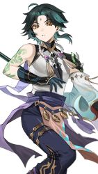 Rule 34 | 1boy, ahoge, arm tattoo, bead necklace, beads, black hair, blue gloves, facial mark, forehead mark, genshin impact, gloves, gradient hair, green hair, gyoju (only arme nim), highres, jewelry, looking at viewer, male focus, multicolored hair, necklace, parted lips, simple background, solo, tassel, tattoo, white background, xiao (genshin impact), yellow eyes