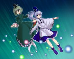 Rule 34 | 2girls, bad id, bad pixiv id, beam, boots, danmaku, dress, female focus, flying, ghost, ghost tail, gradient background, green dress, green eyes, green hair, grey eyes, hat, japanese clothes, knees, light, lips, long sleeves, looking at viewer, mononobe no futo, multiple girls, nonpe, open hand, outstretched arms, parted lips, pom pom (clothes), ponytail, ribbon, short hair, silver hair, soga no tojiko, takemoko, tate eboshi, touhou, wide sleeves