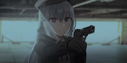 Rule 34 | 1girl, beret, black bow, black gloves, black hat, black jacket, blurry, blurry background, bow, braid, chihuri, closed mouth, collared shirt, depth of field, dress shirt, eva (chihuri), eve (chihuri), gloves, glowing, glowing eye, grey eyes, grey hair, gun, hair between eyes, hair bow, handgun, hat, highres, holding, holding gun, holding weapon, hood, hood down, hooded jacket, jacket, long hair, long sleeves, mp-443 grach, open clothes, open jacket, original, own hands together, photo background, pistol, shirt, solo, two-handed, upper body, weapon, weapon request, white shirt