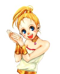 Rule 34 | 1990s (style), 1girl, blonde hair, blue eyes, choker, chrono (series), chrono trigger, female focus, flaba-trip, happy, long hair, marle (chrono trigger), open mouth, ponytail, retro artstyle, simple background, solo, white background, wristband