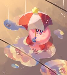 Rule 34 | :o, blue sky, blush stickers, cloud, commentary, copy ability, english commentary, highres, holding, holding umbrella, jinglebunns, kirby, kirby (series), nintendo, no humans, open mouth, parasol, parasol kirby, pink skirt, puddle, purple eyes, rain, red footwear, red umbrella, reflection, reflective water, ripples, shoes, skirt, sky, solo, star (symbol), twitter username, two-tone umbrella, umbrella, white umbrella