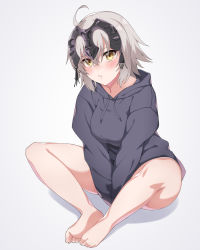 Rule 34 | 1girl, ahoge, bare legs, barefoot, between legs, blush, breasts, closed mouth, commentary request, eyes visible through hair, fate/grand order, fate (series), feet, feet together, full body, grey background, grey sweater, hand between legs, highres, hood, hood down, hooded sweater, jeanne d&#039;arc (fate), jeanne d&#039;arc alter (avenger) (fate), jeanne d&#039;arc alter (fate), knees apart feet together, long sleeves, looking at viewer, medium breasts, pout, shadow, short hair, silver hair, simple background, sitting, solo, spicy moo, sweater, yellow eyes