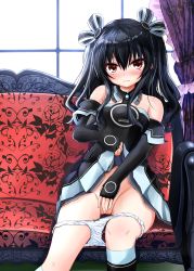 Rule 34 | 1girl, absurdres, bare shoulders, black dress, black hair, blush, clothes lift, commentary request, couch, covering privates, covering crotch, detached sleeves, dress, dress lift, embarrassed, ex idol, fingerless gloves, floral print, frown, gloves, groin, hair between eyes, hair ribbon, highres, indoors, kneehighs, lifting own clothes, long hair, looking at viewer, neptune (series), on couch, panties, panty pull, pussy juice, red eyes, ribbon, sitting, socks, solo, tears, two side up, underwear, uni (neptunia), white panties