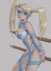 Rule 34 | 1girl, absurdres, ass, blonde hair, blue eyes, blue leotard, breasts, capcom, cleavage, clothing cutout, hair pulled back, highres, holding, holding rope, leaning forward, leotard, long hair, looking at viewer, mask, medium breasts, mixed-language commentary, rainbow mika, rope, shoulder cutout, smile, solo, street fighter, street fighter zero (series), swept bangs, thighs, twintails, tyanoki, wrestling outfit