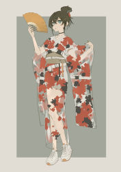 Rule 34 | 1girl, 3pel1, absurdres, belt, blue eyes, choker, earrings, grey background, hair bun, hair ornament, hairclip, hand fan, hand up, highres, holding, holding fan, japanese clothes, jewelry, kimono, koi, looking at viewer, original, outside border, see-through, shoes, simple background, sneakers, solo, white footwear