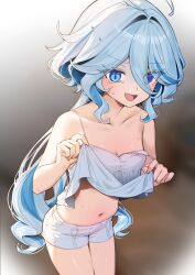 Rule 34 | 1girl, absurdres, ahoge, alternate costume, bare arms, blue eyes, blue hair, breasts, camisole, commentary request, cowboy shot, eyes visible through hair, furina (genshin impact), genshin impact, hair between eyes, highres, itohana, lifted by self, long hair, navel, open mouth, plump, short shorts, shorts, small breasts, solo, standing, stomach, strap slip, sweat, tearing up, very long hair, white shorts