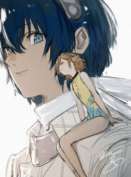 1boy 1girl blue_eyes blue_hair closed_eyes closed_mouth fairy fairy_wings gallica_(metaphor:_refantazio) grey_background grey_hairband hair_over_one_eye hairband heterochromia highres isshiki_(ffmania7) jacket leotard looking_at_another metaphor:_refantazio mini_person minigirl on_shoulder one_eye_covered orange_hair pointy_ears protagonist_(metaphor:_refantazio) short_hair signature simple_background sitting sitting_on_shoulder size_difference smile white_jacket wings yellow_eyes yellow_leotard