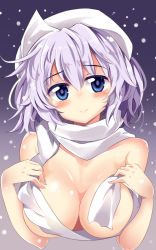 Rule 34 | 1girl, blue eyes, blush, breasts, hat, large breasts, letty whiterock, light purple hair, looking at viewer, maturiuta sorato, naked scarf, nude, scarf, smile, solo, touhou, upper body