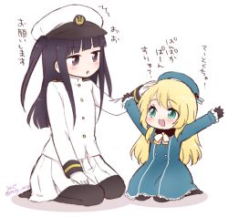 Rule 34 | 10s, 2girls, \o/, ^^^, admiral (kancolle), age difference, aged down, arms up, ascot, atago (kancolle), beret, black eyes, black gloves, black hair, black legwear, blonde hair, blue dress, blunt bangs, buttons, chestnut mouth, child, dress, female admiral (kancolle), gloves, green eyes, hand on another&#039;s head, hat, headpat, hime cut, kantai collection, little girl admiral (kancolle), long hair, migu (migmig), military, military uniform, multiple girls, naval uniform, open mouth, outstretched arms, outstretched hand, pan-pa-ka-paaan!, pantyhose, peaked cap, ribbon, seiza, simple background, sitting, skirt, translated, twintails, twitter username, two side up, uniform, white background, white gloves