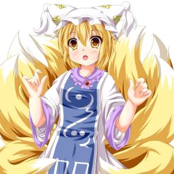 Rule 34 | 1girl, arms up, bad id, bad pixiv id, blonde hair, blush, dress, female focus, fox tail, hat, hat with ears, highres, kmkm9696, multiple tails, ofuda, open mouth, solo, tabard, tail, touhou, white dress, yakumo ran, yellow eyes