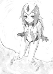 Rule 34 | 1girl, ao no roku-gou, breasts, colored skin, flat chest, from above, full body, greyscale, long hair, monochrome, monster, monster girl, multicolored skin, mutio, nipples, petite, pointy ears, simple background, sitting, solo, solopipb, z-ton