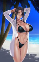 Rule 34 | 1girl, arms behind head, arms up, beach, bikini, black bikini, black hair, blue eyes, bracelet, breasts, cleavage, commentary request, covered erect nipples, damegane, day, highleg, highleg bikini, highres, jewelry, large breasts, lipstick, long sleeves, looking at viewer, makeup, navel, necklace, ocean, open clothes, open mouth, open shirt, original, outdoors, palm leaf, palm tree, parted bangs, shadow, shiny clothes, shiny skin, shirt, sidelocks, solo, stomach, swimsuit, thighs, tree, water, white shirt