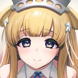 Rule 34 | 1girl, blonde hair, blue choker, choker, closed mouth, faker ktd, fletcher (kancolle), hair ornament, headgear, kantai collection, long hair, looking at viewer, off shoulder, purple eyes, simple background, smile, solo, star (symbol), star hair ornament