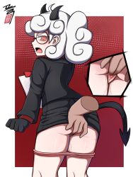 Rule 34 | 1girl, arm at side, artist name, ass, black gloves, black jacket, black skirt, blush, censored, clenched hand, clothes lift, commentary request, curly hair, demon tail, disembodied limb, fingering, formal, from behind, glasses, gloves, helltaker, highres, horns, jacket, korean commentary, layered sleeves, leaning forward, long hair, long sleeves, looking at viewer, looking back, mosaic censoring, pandemonica (helltaker), panties, panty pull, pink panties, plusion d, pussy, pussy juice, red sleeves, short hair, skirt, skirt lift, solo focus, spread pussy, suit, tail, underwear, white hair