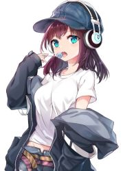 Rule 34 | 1girl, :o, aqua eyes, bad id, bad pixiv id, baseball cap, belt, black jacket, breasts, candy, denim, denim shorts, food, groin, hand up, hat, headphones, holding, holding candy, holding food, holding lollipop, jacket, lollipop, long hair, long sleeves, looking at viewer, medium breasts, midriff peek, off shoulder, open clothes, open fly, open jacket, open mouth, original, purple hair, shirt, short sleeves, shorts, simple background, sleeves past wrists, solo, striped belt, tongue, tongue out, upper body, user nexz2257, white background, white shirt