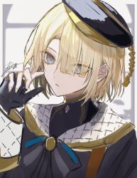 Rule 34 | 1boy, androgynous, asymmetrical bangs, beret, black coat, black hat, blonde hair, blue eyes, blunt bangs, closed mouth, coat, fingerless gloves, freckles, freminet (genshin impact), genshin impact, gloves, hair over one eye, hand up, hat, highres, long sleeves, looking at viewer, male focus, rtms, short hair, signature, solo, upper body