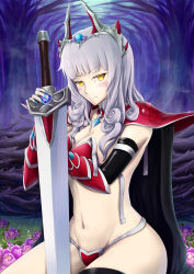 Rule 34 | 1girl, absurdres, armor, bikini, black thighhighs, blush, breasts, cape, carmilla (fate), cleavage, cosplay, curly hair, elizabeth bathory (brave) (fate), elizabeth bathory (brave) (fate) (cosplay), elizabeth bathory (fate), fate/grand order, fate (series), fingernails, highres, long fingernails, long hair, medium breasts, navel, ootorisora, pauldrons, shoulder armor, silver hair, solo, standing, string bikini, swimsuit, thighhighs, yellow eyes