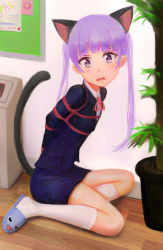 Rule 34 | 1girl, animal ears, arms behind back, bdsm, blush, bondage, bound, bound arms, cat ears, cat tail, embarrassed, hair ornament, highres, ikelag, kneehighs, long hair, looking at viewer, neck ribbon, new game!, open mouth, pink ribbon, plant, potted plant, purple eyes, purple hair, ribbon, rope, slippers, socks, solo, suzukaze aoba, tail, twintails, wavy mouth, white socks