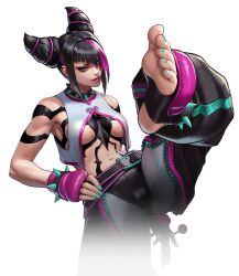 Rule 34 | 1girl, barefoot, belt, blue nails, body markings, bracelet, breasts, candy, collar, fighting stance, food, hair over one eye, han juri, holding, holding candy, holding food, holding lollipop, impossible hair, jewelry, lollipop, medium breasts, official art, pants, solo, spiked bracelet, spiked collar, spikes, street fighter, underboob, vest, yin yang