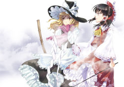 Rule 34 | 2girls, ascot, black hair, blonde hair, bow, broom, cloud, commentary request, detached sleeves, fog, frilled bow, frilled shirt collar, frills, gloves, gohei, hair bow, hair tubes, hakurei reimu, hat, hat bow, kirisame marisa, kyuu umi, lips, long sleeves, multiple girls, petticoat, pink gloves, pink scarf, red bow, red shirt, red skirt, ribbon-trimmed sleeves, ribbon trim, scarf, shirt, skirt, touhou, white bow, witch hat, yellow ascot, yellow eyes