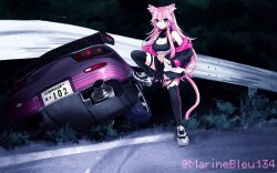 Rule 34 | 1girl, animal ear fluff, animal ears, black jacket, black thighhighs, blue eyes, breasts, car, car crash, cat ears, cat girl, cat tail, cleavage, cleavage cutout, clothing cutout, commentary, commission, crop top, dark, guard rail, hair between eyes, highres, indie virtual youtuber, jacket, jacket partially removed, long hair, mazda, mazda rx-7, mazda rx-7 fd, midriff, motor vehicle, mugi (marineblue134), open clothes, open jacket, photo-referenced, pink hair, purple car, road, skeb commission, smile, solo, spoiler (automobile), sports car, standing, standing on object, symbol-only commentary, tail, thigh strap, thighhighs, twitter username, very long hair, whimz, white footwear
