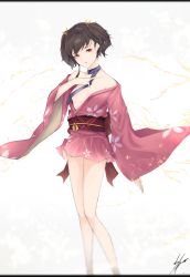 Rule 34 | 10s, 1girl, :o, absurdres, arm at side, bare legs, blush, breasts, brown eyes, brown hair, choker, collarbone, convenient censoring, floral print, hair ornament, hand on own chest, highres, japanese clothes, kimono, koutetsujou no kabaneri, long sleeves, looking at viewer, marumoru, mumei (kabaneri), no bra, open clothes, open kimono, parted lips, ribbon, ribbon choker, sash, short kimono, short twintails, small breasts, solo, standing, twintails, yellow ribbon